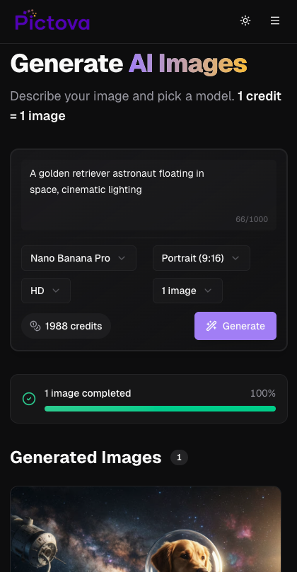 Pictova AI image generation workspace — enter a prompt, pick a model, and generate images instantly