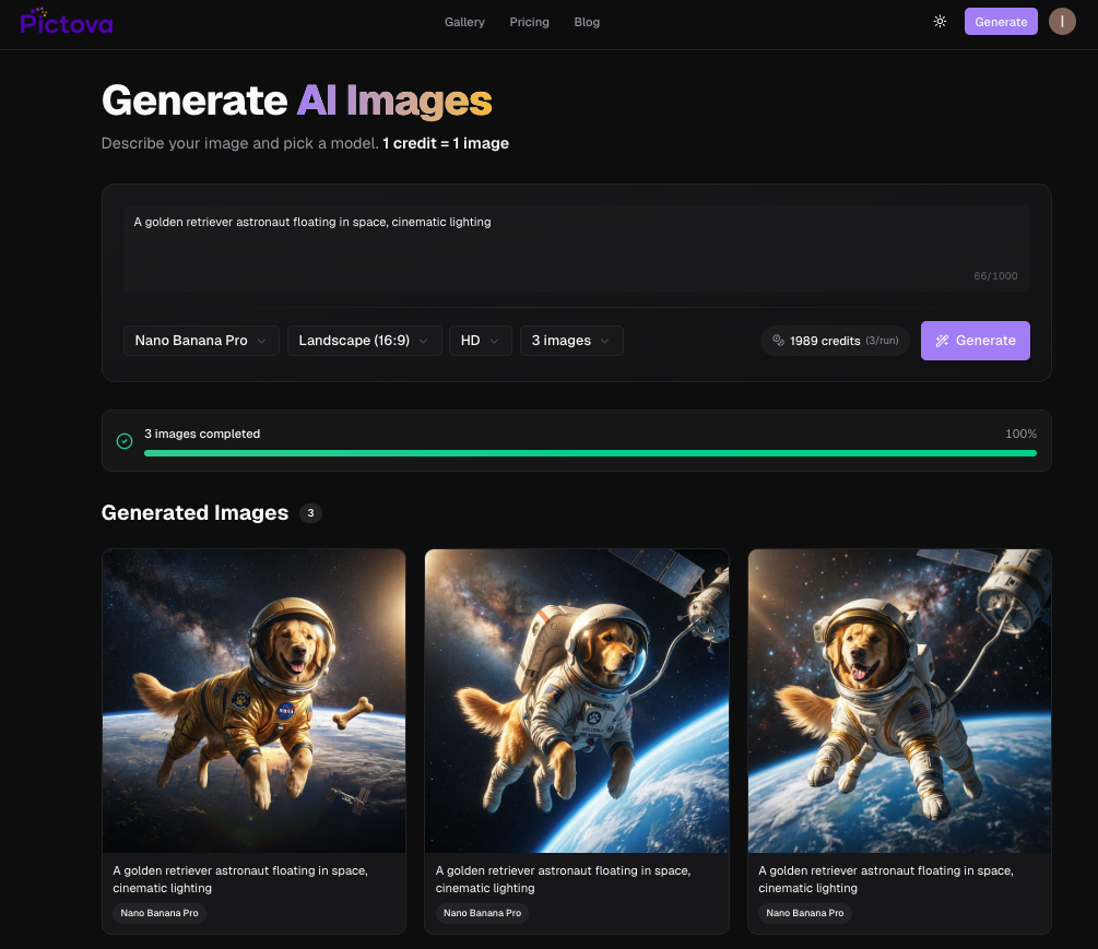 Pictova AI image generation workspace — enter a prompt, pick a model, and generate images instantly